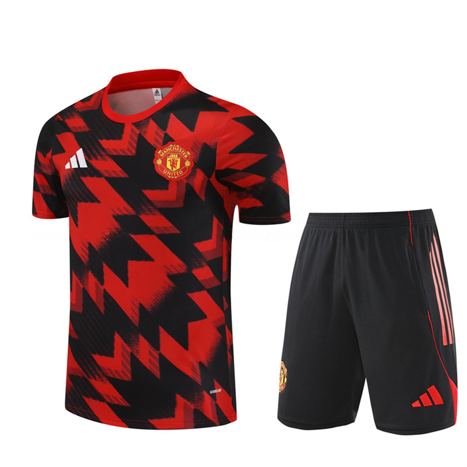Manchester United 25-26 Short-Sleeve Training Set - Red Camouflage Top & Black Shorts - ReplicasJersey