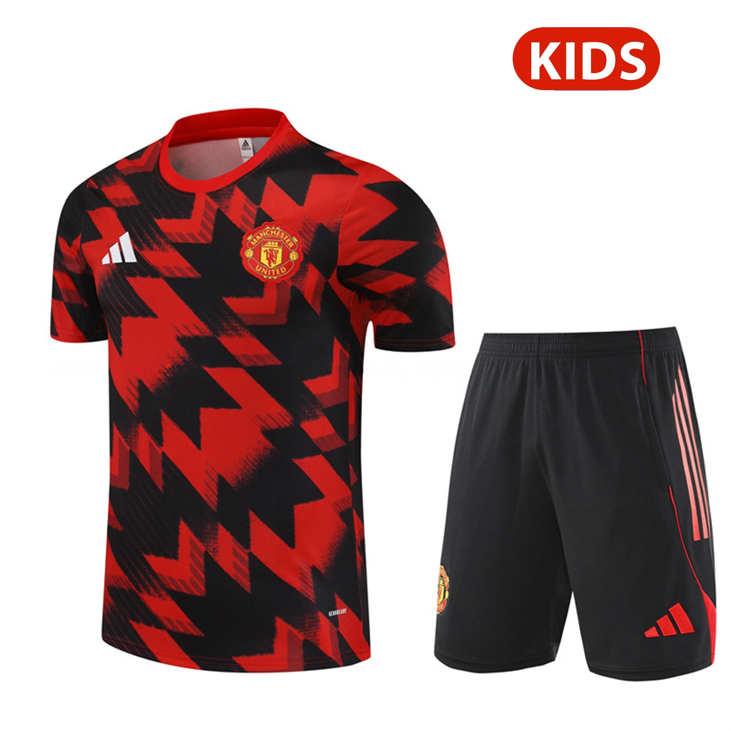 Manchester United 25-26 Kids Short-Sleeve Training Set - Red Camouflage Top & Black Shorts - ReplicasJersey