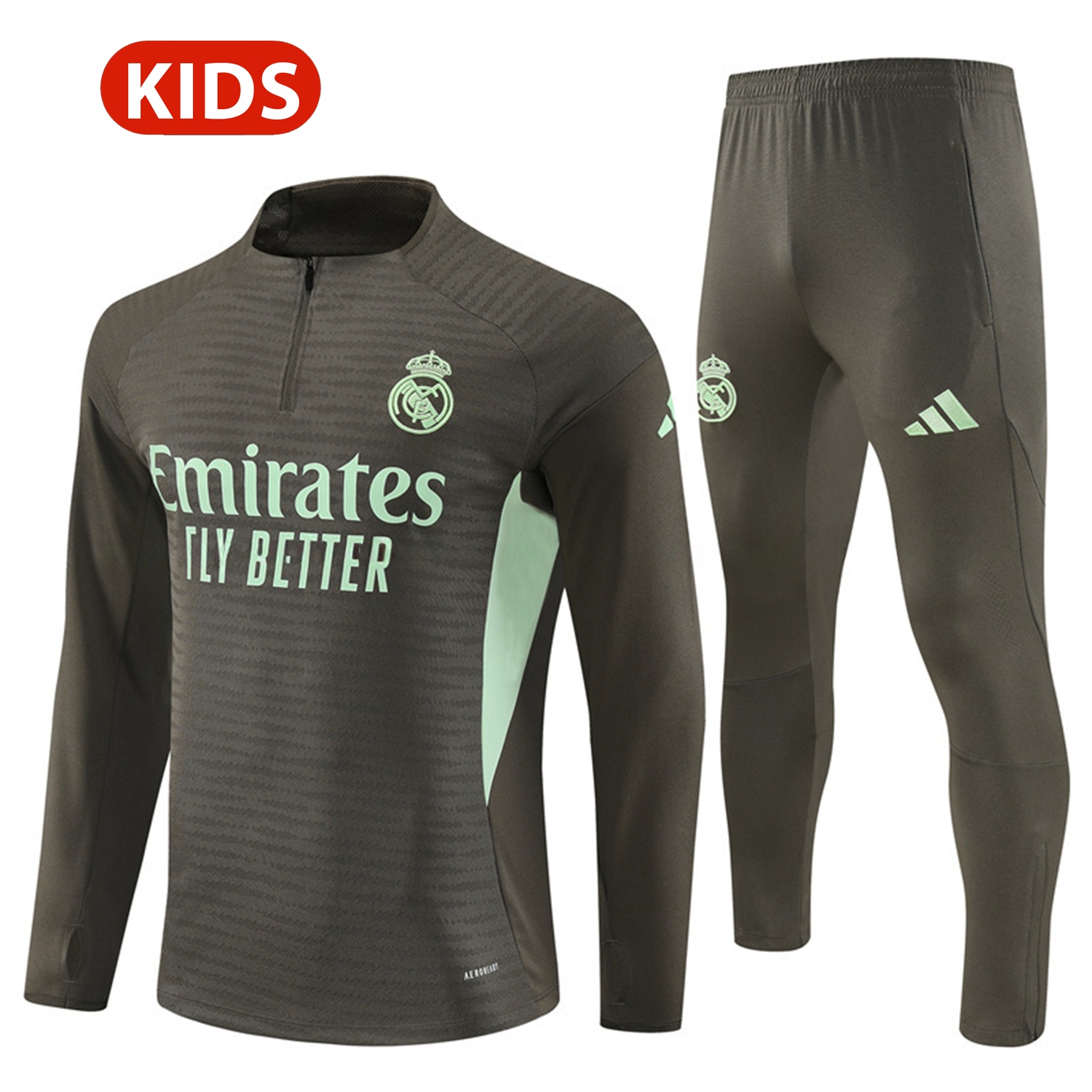 Real Madrid 25-26 Kids Long Sleeve Training Set - Player Version - Khaki Top and Khaki Pants - ReplicasJersey