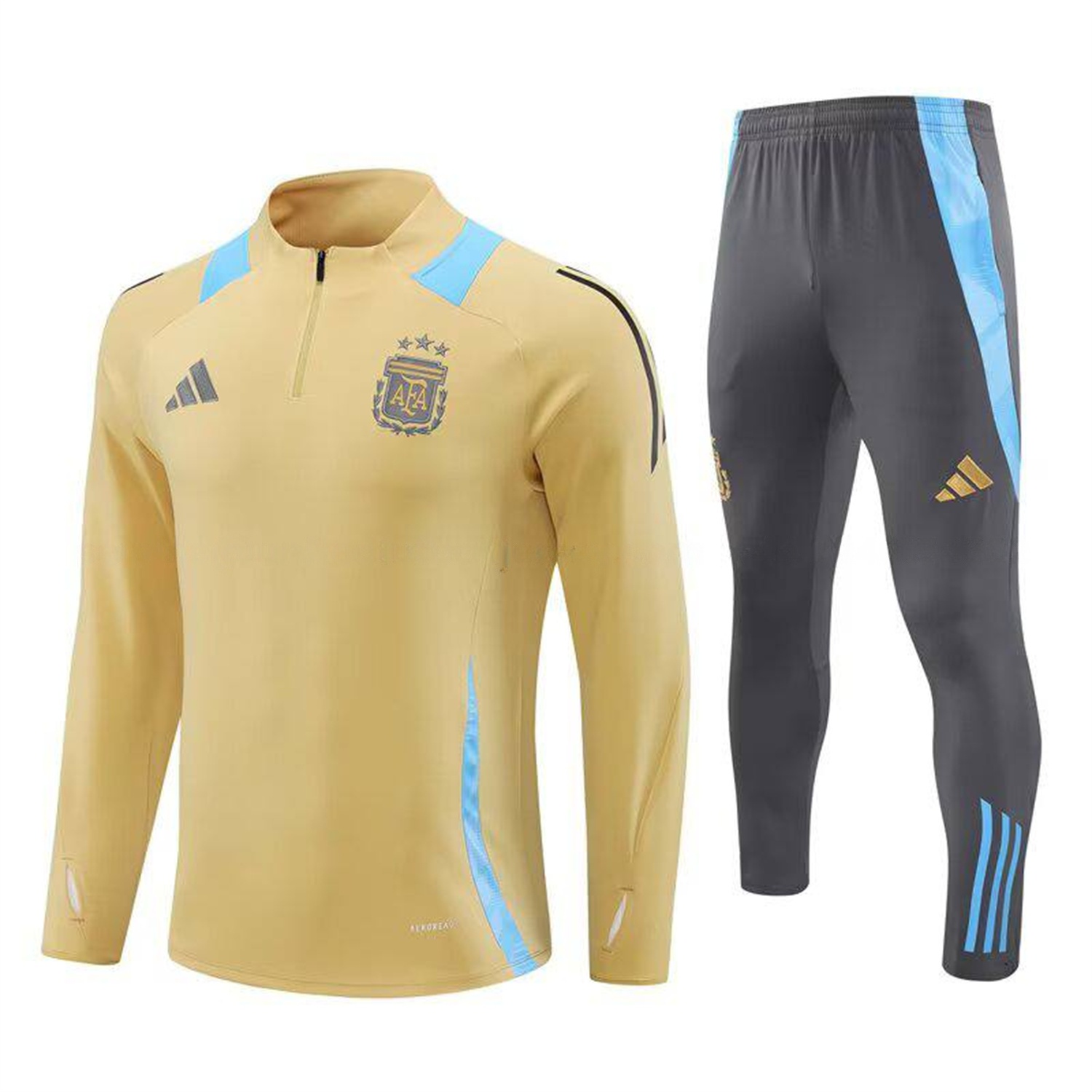 Argentina 25-26 Long Sleeve Training Set - Gold Top and Grey Pants - ReplicasJersey