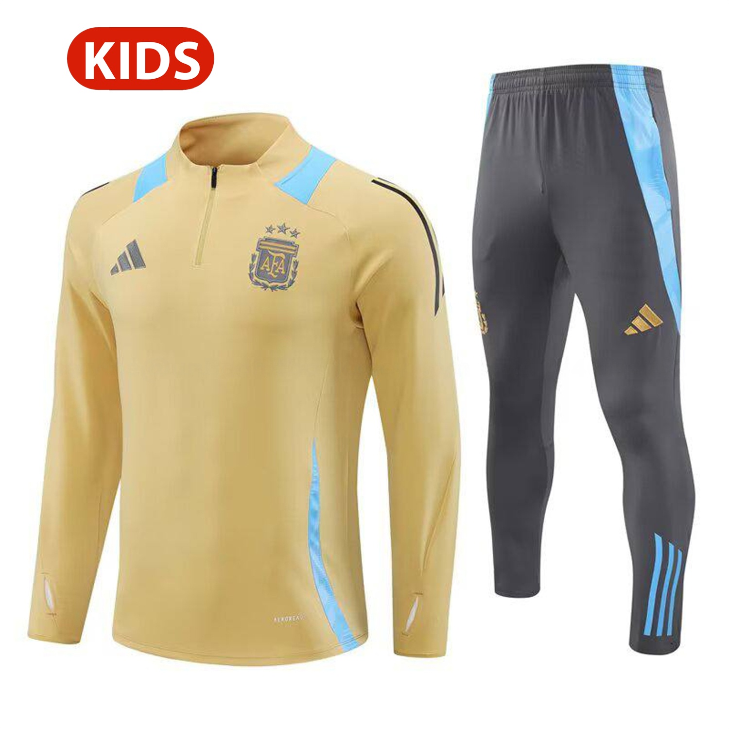Argentina 25-26 Kids Long Sleeve Training Set - Gold Top and Grey Pants - ReplicasJersey