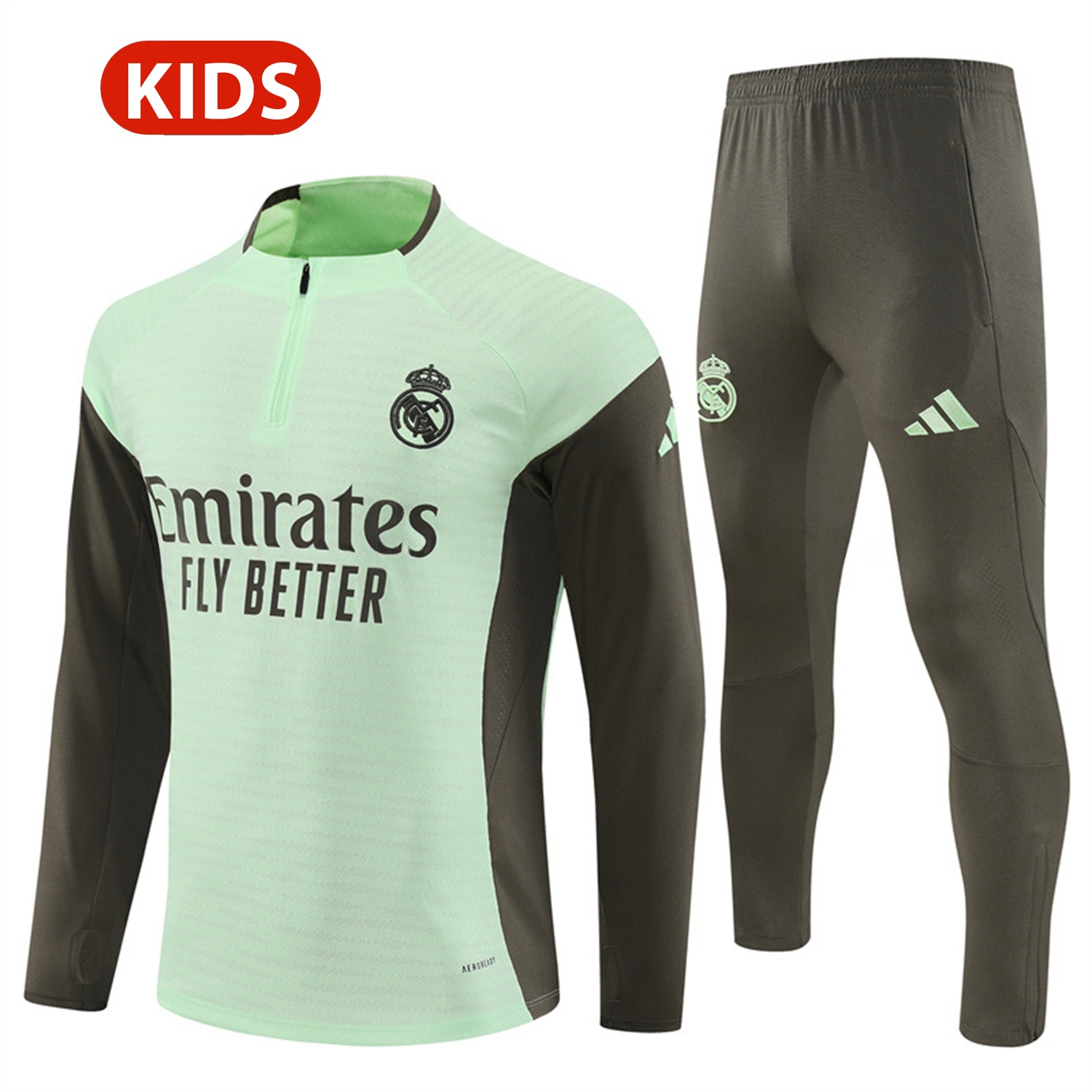Real Madrid 25-26 Kids Long Sleeve Training Set - Player Version - Light Green Top and Khaki Pants - ReplicasJersey