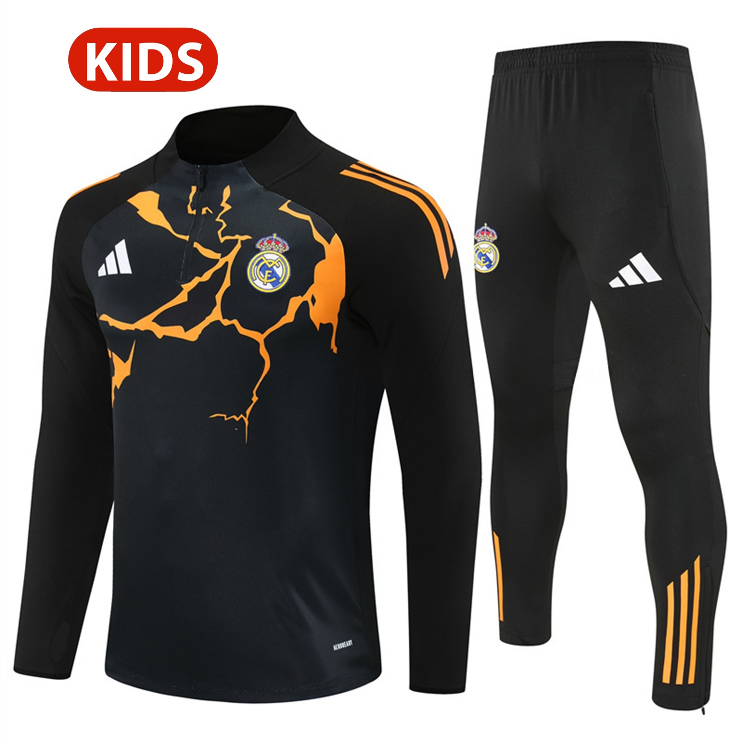 Real Madrid 25-26 Kids Long Sleeve Training Set - Player Version - Yellow Pattern Black Top and Black Pants - ReplicasJersey