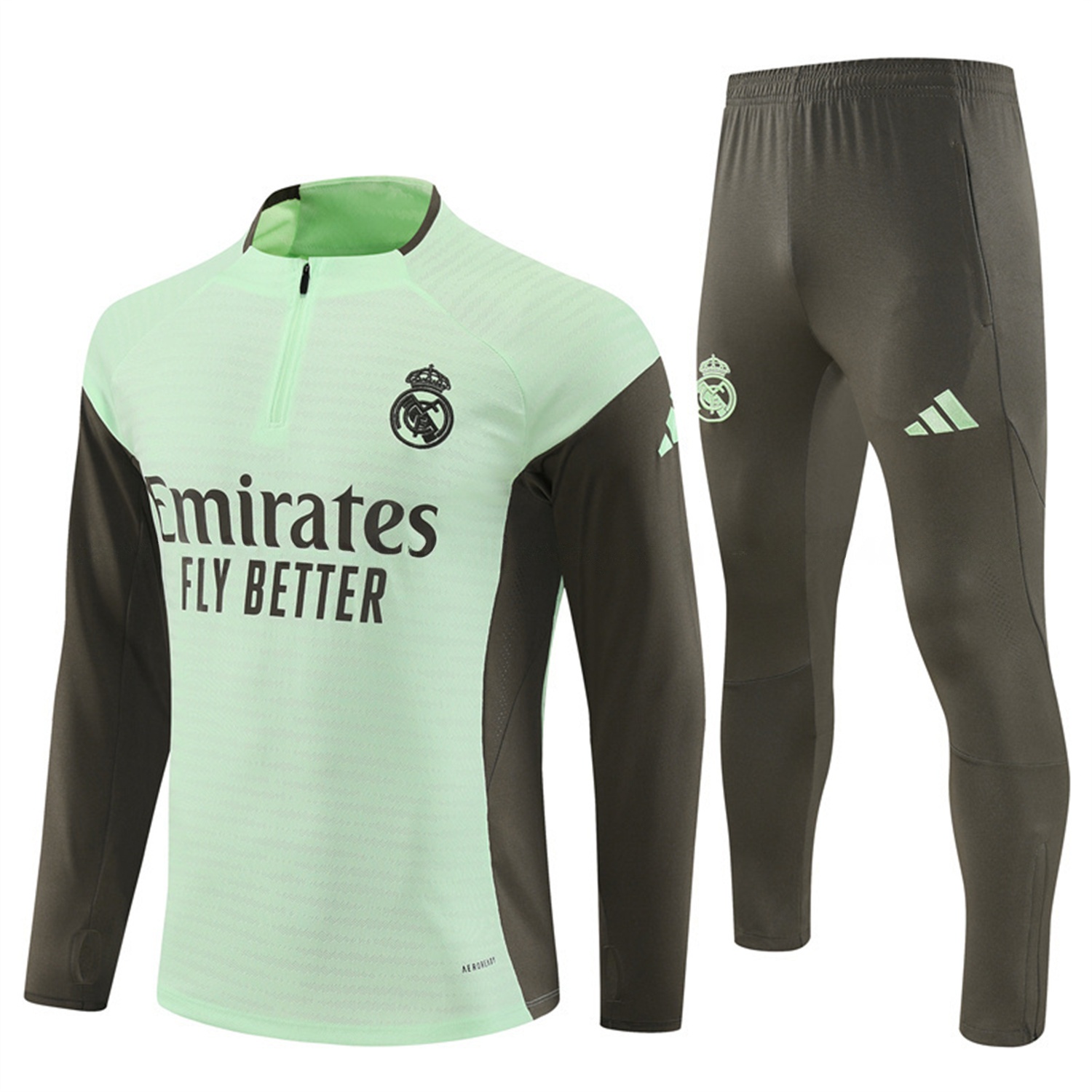 Real Madrid 25-26 Long Sleeve Training Set - Player Version - Light Green Top and Khaki Pants - ReplicasJersey