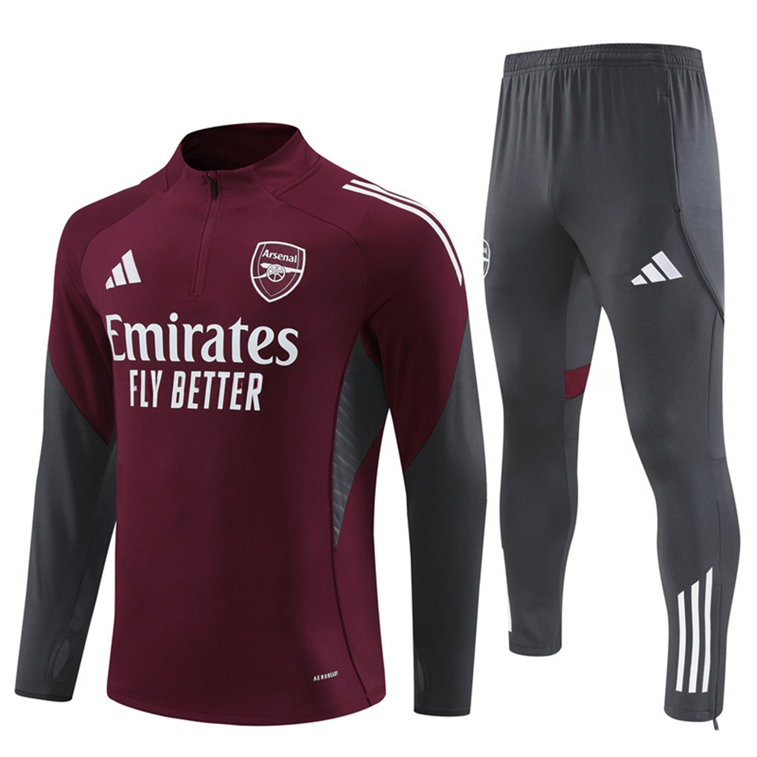 Arsenal 25-26 Long Sleeve Training Set - Wine Red Top & Grey Pants - ReplicasJersey