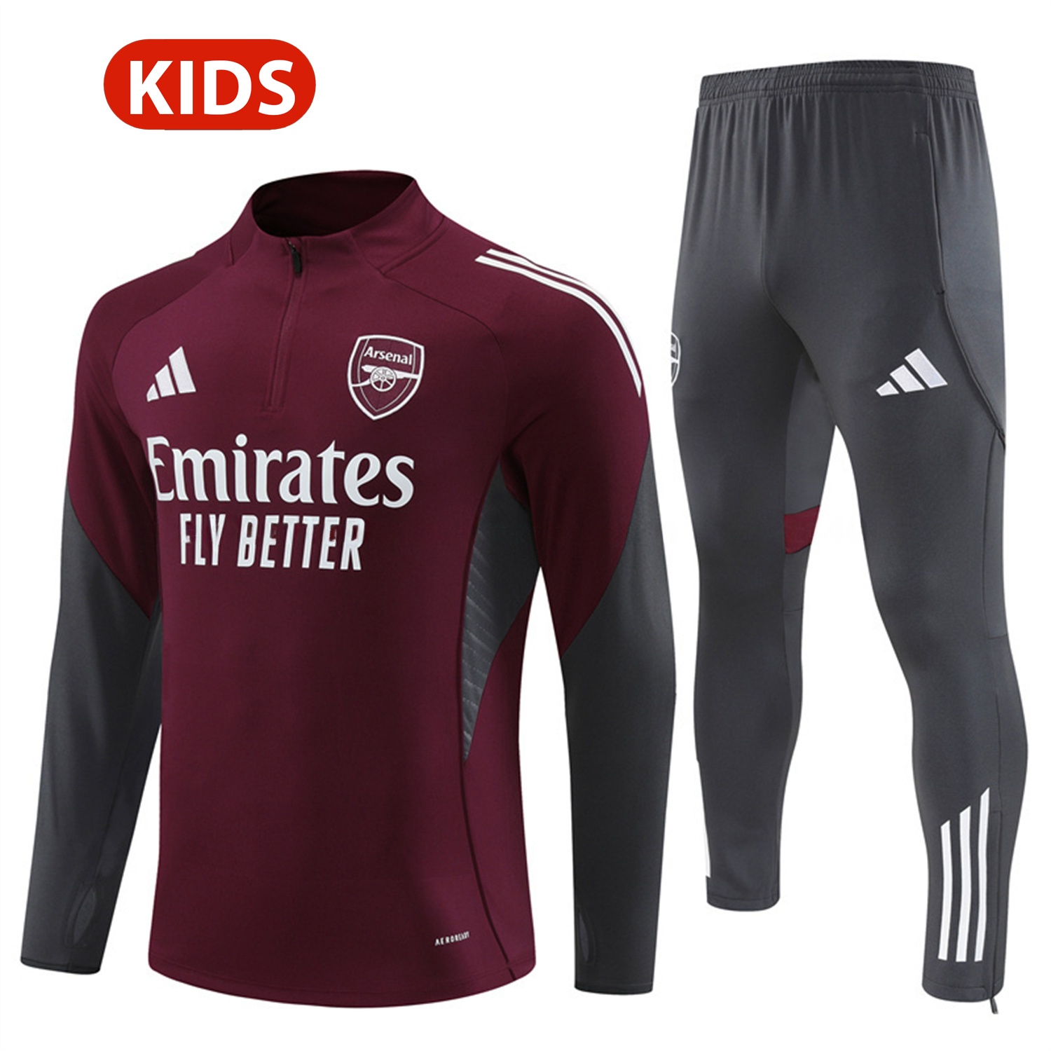 Arsenal 25-26 Kids Long Sleeve Training Set - Wine Red Top & Grey Pants - ReplicasJersey