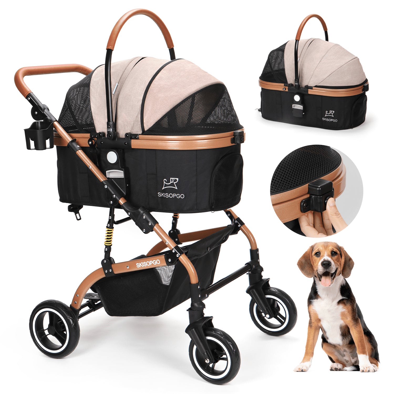 SKISOPGO 3 in 1 Pet Strollers for Small Medium Dogs Cat with Detachable Carrier Foldable Travel Pet Gear Stroller Khaki